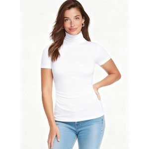 Haut à col roulé à manches courtes pour femme, coupe ajustée, en coton extensible et respirant, tricoté - Product Image 3