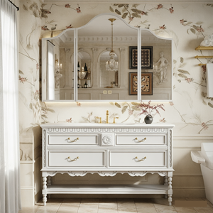 Meuble de salle de bain moderne sur pied en chêne, style rétro français, avec vasque intégrée - Product Image 1