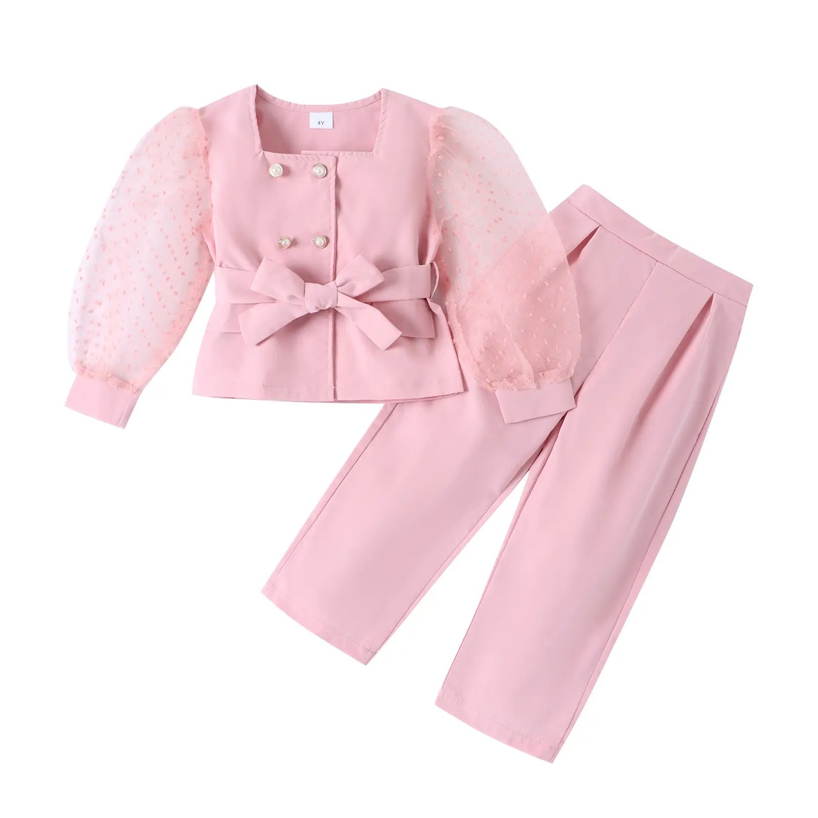 2023 Boetiek 4-7y Mode Peuter Kids Formele Pakken Zwitserse Dot Puff Shirt Met Lange Mouwen Met Riem Broek Meisjes Kleding Sets