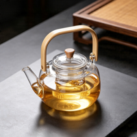 Théière filtrante en verre borosilicate résistant à la chaleur SUNPRO Modèle 028 avec poignée carrée en bambou, design minimaliste
