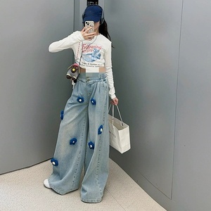 2025 Mới Thanh Niên Cô Gái 2 Pcs Thời Trang Thiết Lập Trắng In Thư Dài Tay Áo Sơ Mi + Hoa vá Thẳng Quần Jean Quần Áo Thiết Lập - Product Image 5