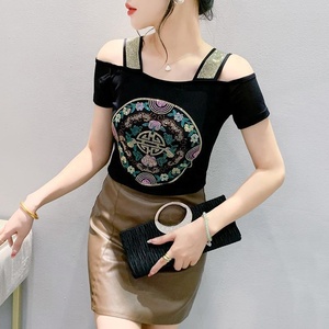 热销产品女式印花脱肩水钻闪亮亮片衣服上衣夜总会短袖衬衫派对t恤 - Product Image 3