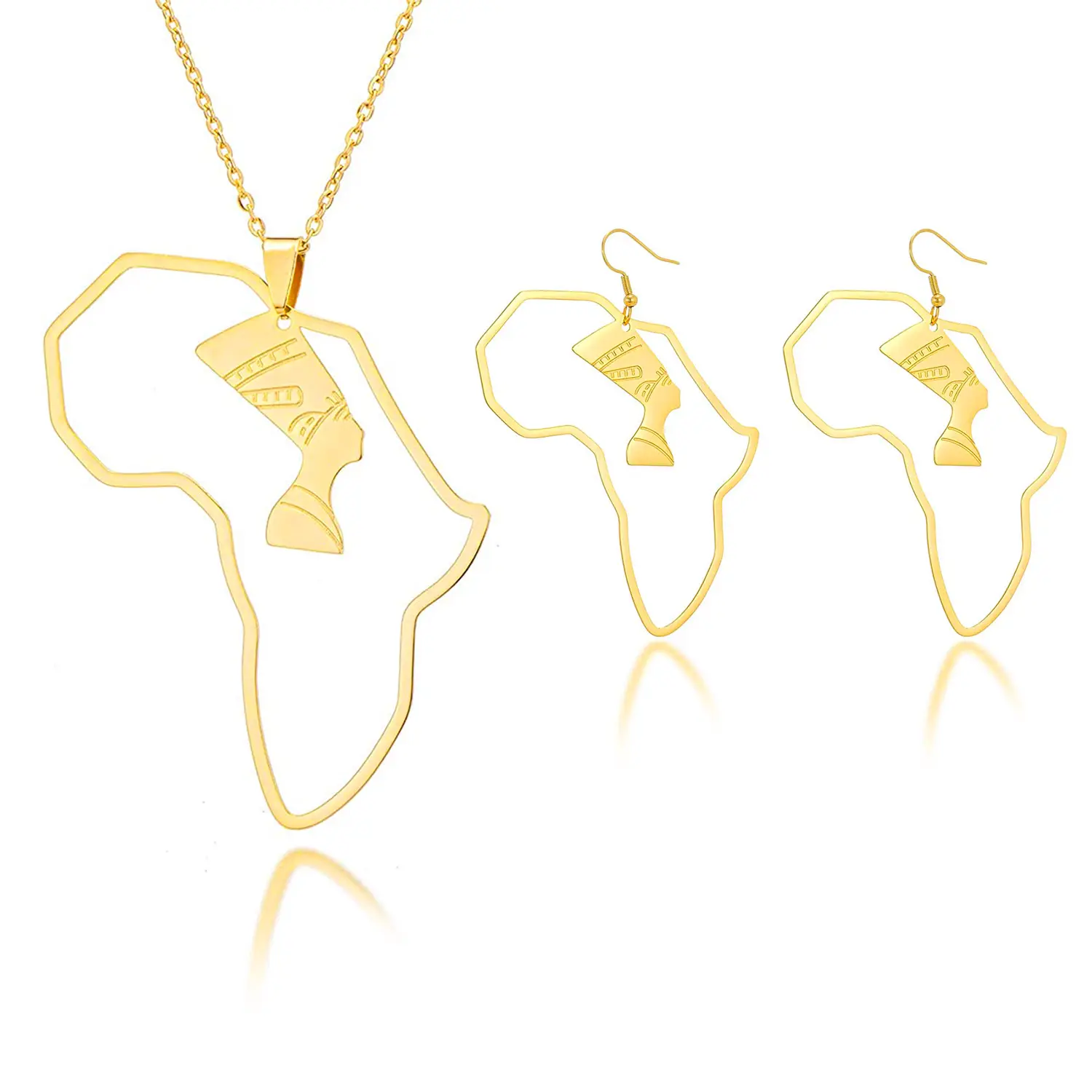 Rvs Afrikaanse Kaart Sieraden Afrikaanse Vergulde Nefertiti Vrouwen Ketting En Oorbel Sieraden Sets Fabricage