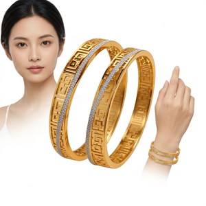 กำไลข้อมือทองเหลืองชุบโรเดียมลายกรีกคีย์ ตัดด้วยเลเซอร์ ประดับเพชรซิร์คอน ชุดกำไลแบบอินเดียดั้งเดิมสำหรับเจ้าสาว - Product Image 1