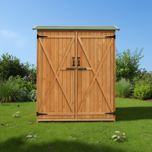 Abri de jardin en bois de sapin D0100HPFF8U, durable, couleur bois, accents verts, utilisation extérieure - Product Image 2