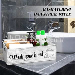 Boîte à mouchoirs en bois rectangulaire pour salle de bain, porte-papier toilette avec impression « Lavez-vous les mains », pour rangement sur comptoir - Product Image 2