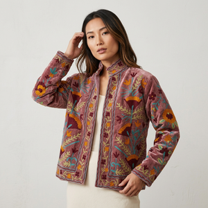 Veste matelassée pour femme en velours floral brodé à la main Suzani avec doublure en coton, col montant - Cadeau printemps/été/automne/hiver - Product Image 4