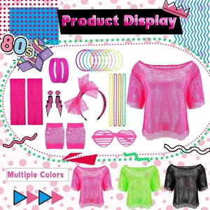 Vente flash : <span class=keywords><strong>haut</strong></span> en maille <span class=keywords><strong>rose</strong></span> fluo avec bandeau, boucles d'oreilles, colliers pour Halloween, danse disco, costume de fête rétro années 80 pour femmes - Product Image 3