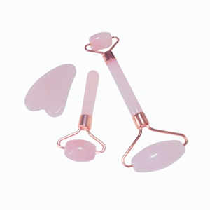 Bulk 3-Piece Rose Quartz Facial <b>Massager</b> Kit with Small Heart Gua Sha and Facial Rollers for Skin Care Brands - Product Image 2