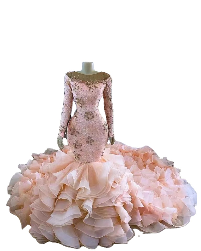AL1495 Pink Crystal Beaded Glitter Mermaid Wedding Dress Vestidos Long  Sleeves Organza Lace Ruffles Plus Size Bridal Gowns| Alibaba.com