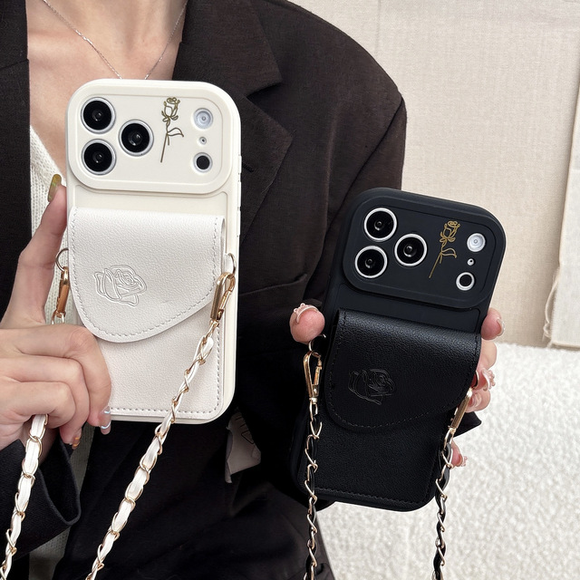 Fashion Crossbody Lanyard Strap Rose Flower Card Slot Bag Mobile Phone Case for iPhone 18 17 16 15 14 13 12 11 Pro Max