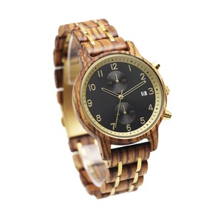 Montre chronographe pour homme en bois de zèbre naturel, cadran noir, fenêtre de date, bracelet en bois doré, montre-bracelet étanche, mode décontractée et écologique - Product Image 4
