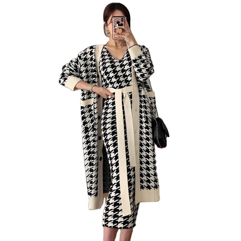 Женский трикотажный комплект из двух предметов, длинный свитер с V-образным вырезом и платье-жилет с рисунком «гусиные лапки» в винтажном Корейском стиле