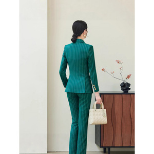 Women's Green Striped Double-Breasted Suit Set Long Sleeve Anti-Wrinkle Worsted Commute Wear - Product Image 3