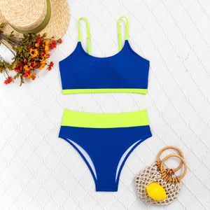 Women Color Blocked Bikini Set Blue Lime High Waist Briefs Halter <b>Top</b> Swimwear Two Piece Swimsuit S M L XL - Product Image 2
