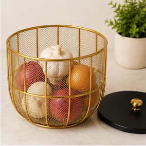 Nordic Gold Metal <b>Mesh</b> Fruit Basket with Lid Dustproof & <b>Insect</b> Resistant Kitchen Countertop Organizer - Product Image 2