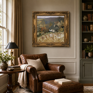 Peinture à l'huile Cottage en bord de colline, paysage de ferme et verger, encadrée or, pour décoration murale d'hôtel, auberge ou salon - Product Image 3