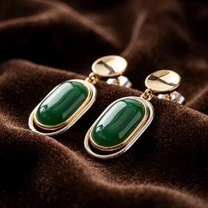 Pendientes Colgantes de Ágata Verde Ovalados de Dos Tonos Chapados en Oro OEM/ODM, Joyería de Piedra Natural Personalizada al por Mayor para Mujer - Product Image 2