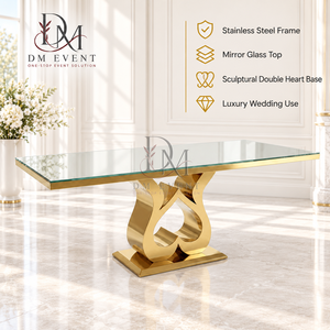 Table à manger moderne en acier inoxydable doré avec plateau en verre transparent, base en forme de cœur, mobilier pour événements et mariages, vente en gros - Product Image 1