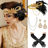 Ensemble d'accessoires Great Gatsby Flapper Fringe 4 pièces : Bandeau à plumes, Gants, Collier de perles, Boucles d'oreilles pour Costume de Cosplay d'Halloween