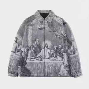 Chemise-veste vintage pour homme avec motif de la Cène, fermeture éclair, col rabattu, coupe classique, pour l'automne - Product Image 1