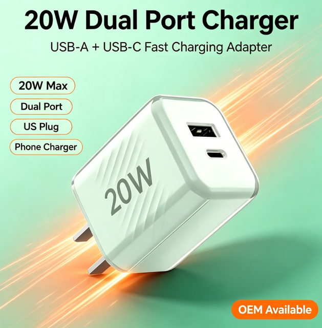 20W Dual Port Wall Charger PD Fast Charger USB a USB C US Plug Compact Travel Power Adapter Support OEM ODM Wholesale