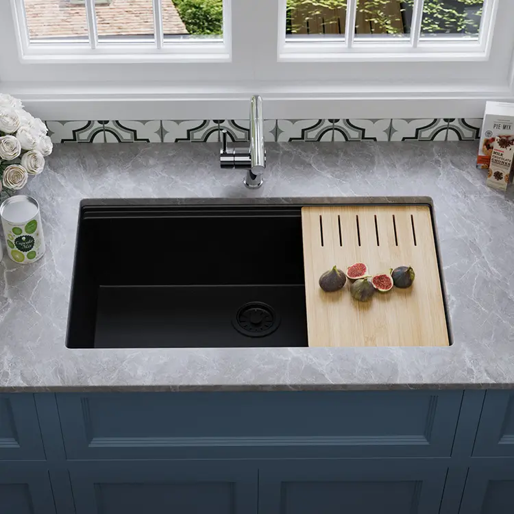 Évier de cuisine gris portable avec table de vidange pierre de quartz grand lavabo de cuisine en granit à auge unique