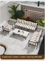 Conjunto de sofás para exteriores, silla de ocio de hierro forjado para patio, respaldo a rayas, combinación de mesa de centro, muebles minimalistas modernos