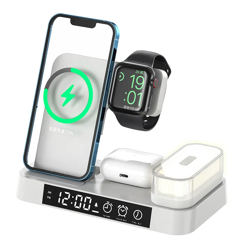 Station d'accueil d'horloge numérique 15W pliable rapide 4 en 1 chargeur sans fil station de charge de téléphone pour montre de téléphone intelligent Airpod