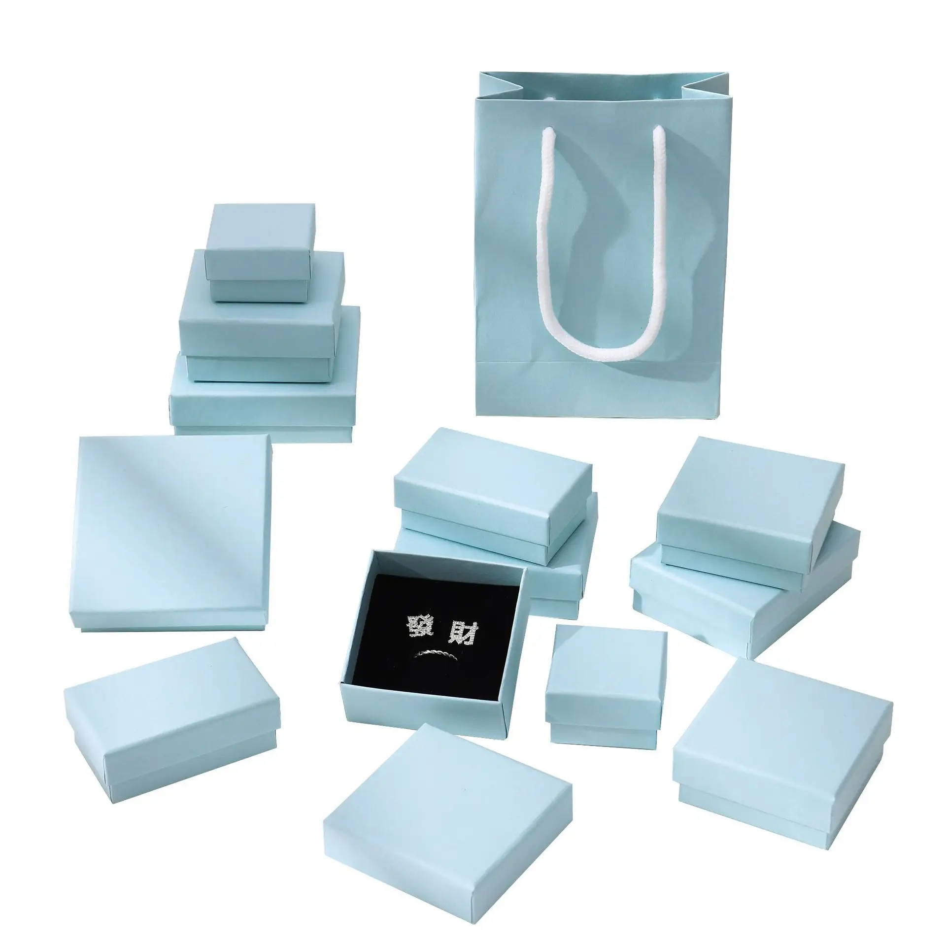 Boîte à tiroir cadeau en papier rigide de taille stock, coulissante, avec logo personnalisé, boîtes en papier bleues pour bijoux, bracelets, colliers, bagues