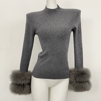 Pull en cachemire tricoté pour femme, coupe ajustée, col roulé, avec deux rangées de poignets en vraie fourrure de renard, mode automne-hiver