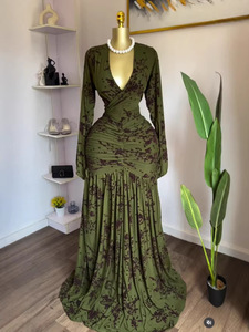 Abito plissettato stampato a maniche lunghe stile americano GX-2026 <span class=keywords><strong>con</strong></span> elasticità di alta qualità, maniche lunghe e <span class=keywords><strong>gonna</strong></span> lunga - Product Image 2