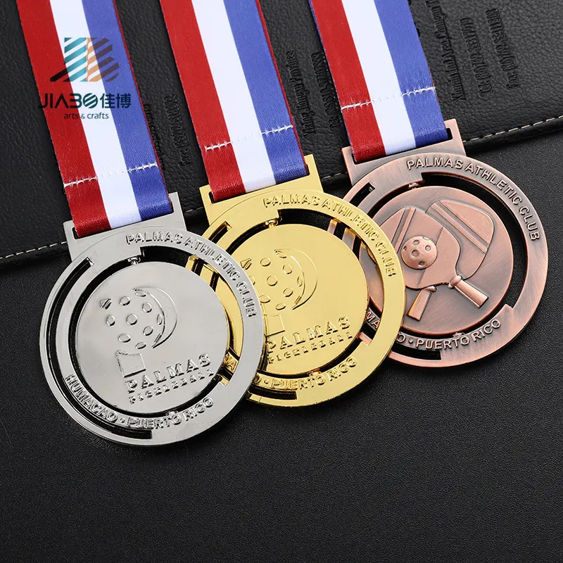 Medalla de cricket de pelota de ping pong para el día deportivo, Medalla giratoria de oro y plata personalizada con cinta
