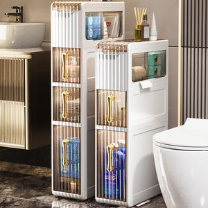 Mueble de baño con almacenamiento, de pie, de varias capas, ahorrador de espacio, organizador de inodoro con cajones y puertas transparentes para el hogar. - Product Image 2