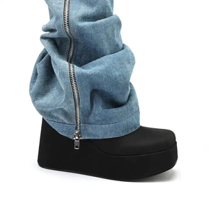 Denim Metallic Lock Shark Wedge <b>Boots</b> Cowgirls Zipper Thick Soles Half Knee High Booties Women Round Toe Zipper Flat Shoes - Product Image 6