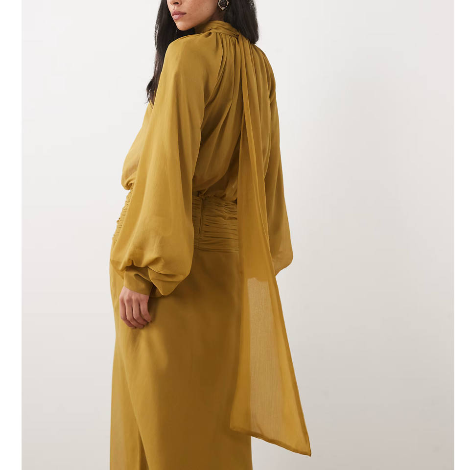 Women's Summer high neck drape chiffon maxi dress with neck tie Long ...