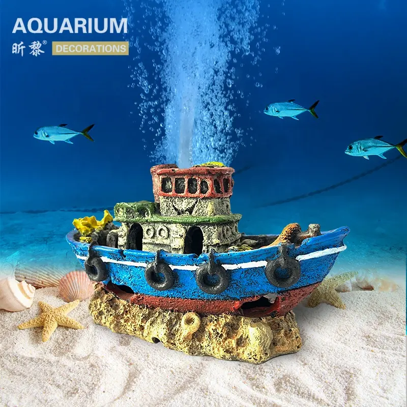 Livraison rapide aquarium accessoires résine bateau ornements avec barboteur pour la décoration d'aquarium