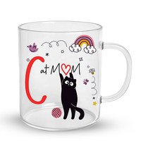 Cangkir Kaca Buatan Tangan Motif Kucing Kartun Tahan Panas dengan Huruf "ABC" Berwarna untuk Susu Pagi, Kopi, Teh, Minuman Anak-anak