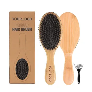 Escova de cabelo desembaraçadora de cerdas de javali com logotipo personalizado para mulheres, madeira de bambu natural ecológica mais vendida