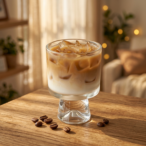 Gobelet en verre transparent à pied court de 230 ml, base épaisse, tasse à café au design moderne, réutilisable, avec logo personnalisé, pour latte, thé au lait - Product Image 1
