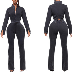 Set tuta da donna autunno inverno 2 pezzi felpa corta con cappuccio e Zip con <span class=keywords><strong>pantaloni</strong></span> a zampata top corti per ragazze alte - Product Image 1