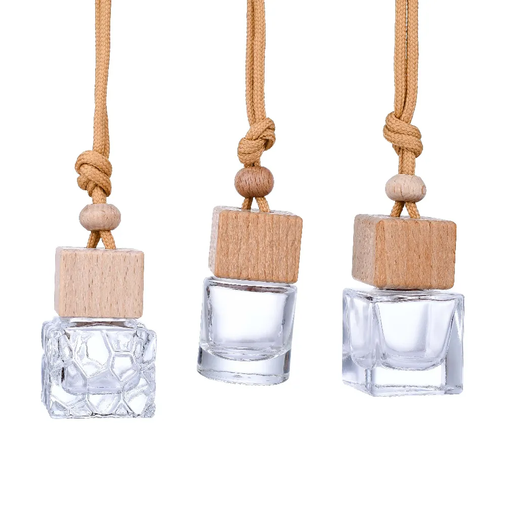 Nachfüllbare 8ml quadratische Glas hängende ätherische Öl Diffusor Auto Lufter frischer Parfüm Aroma therapie Anhänger Flasche mit Holz kappe