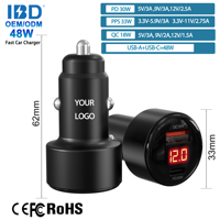 Chargeur de voiture universel en alliage d'aluminium 48W PD 30W QC 18W SCP double USB-C avec affichage LED, charge rapide pour écouteurs et téléphones mobiles
