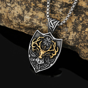 Yunnique – collier avec pendentif bouclier en acier inoxydable, design en forme de bois de cerf doré, bijoux à la mode pour hommes, cadeau - Product Image 3