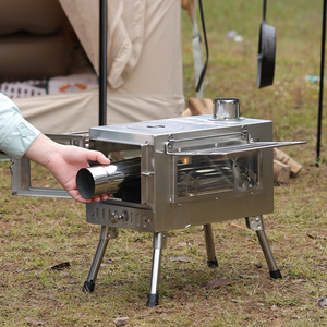 Poêle à <span class=keywords><strong>bois</strong></span> pliable portable double usage, ustensiles de cuisine en acier inoxydable pour 3 à 5 personnes, chauffage de tente de camping - Product Image 4