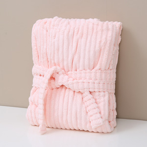 Bata de Baño de Forro Polar Coral para Mujer con Capucha, Suave, Absorbente, No Desprende Pelusas, Extra Grande, Gruesa, con Rayas de Caramelo, para Otoño e Invierno - Product Image 3