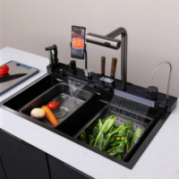 Évier de cuisine intelligent en acier inoxydable avec pistolet de pulvérisation haute pression, support pour téléphone, robinet purificateur d'eau multifonctionnel