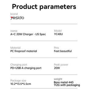 Yesido Multiple Protection PD20W + QC18W USB-C et USB Double Port Charge Rapide US Spec Chargeur - Product Image 5