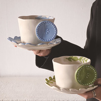 Ensemble tasse à café et soucoupe en céramique motif floral vintage, tasse créative pour latte art, tasse esthétique pour petit-déjeuner quotidien, cadeau pour la maison