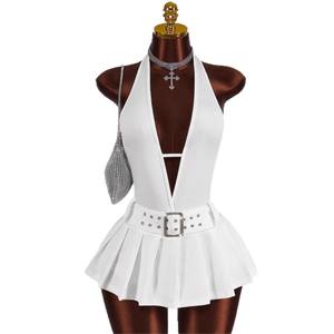 <span class=keywords><strong>Robe</strong></span> moulante sexy à col halter <span class=keywords><strong>et</strong></span> dos nu, couleur unie, coupe ajustée, avec ceinture, décolleté plongeant, plissée, courte, mini, pour femme, K25L1743 - Product Image 5